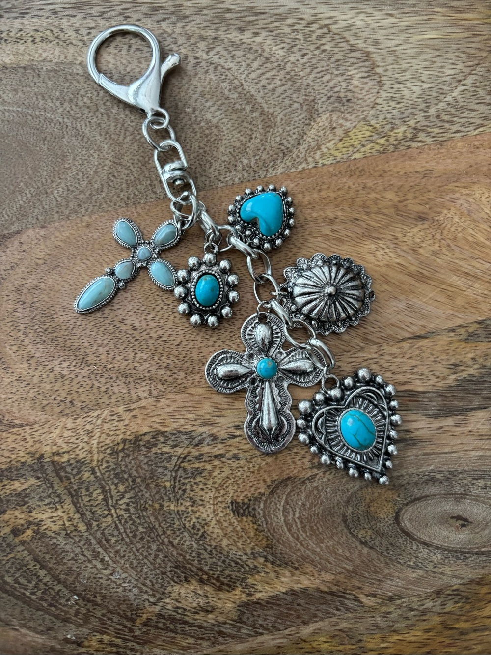 Boho, Y2K, Western Bag Charm - Cross & Hearts with Turquoise Stone